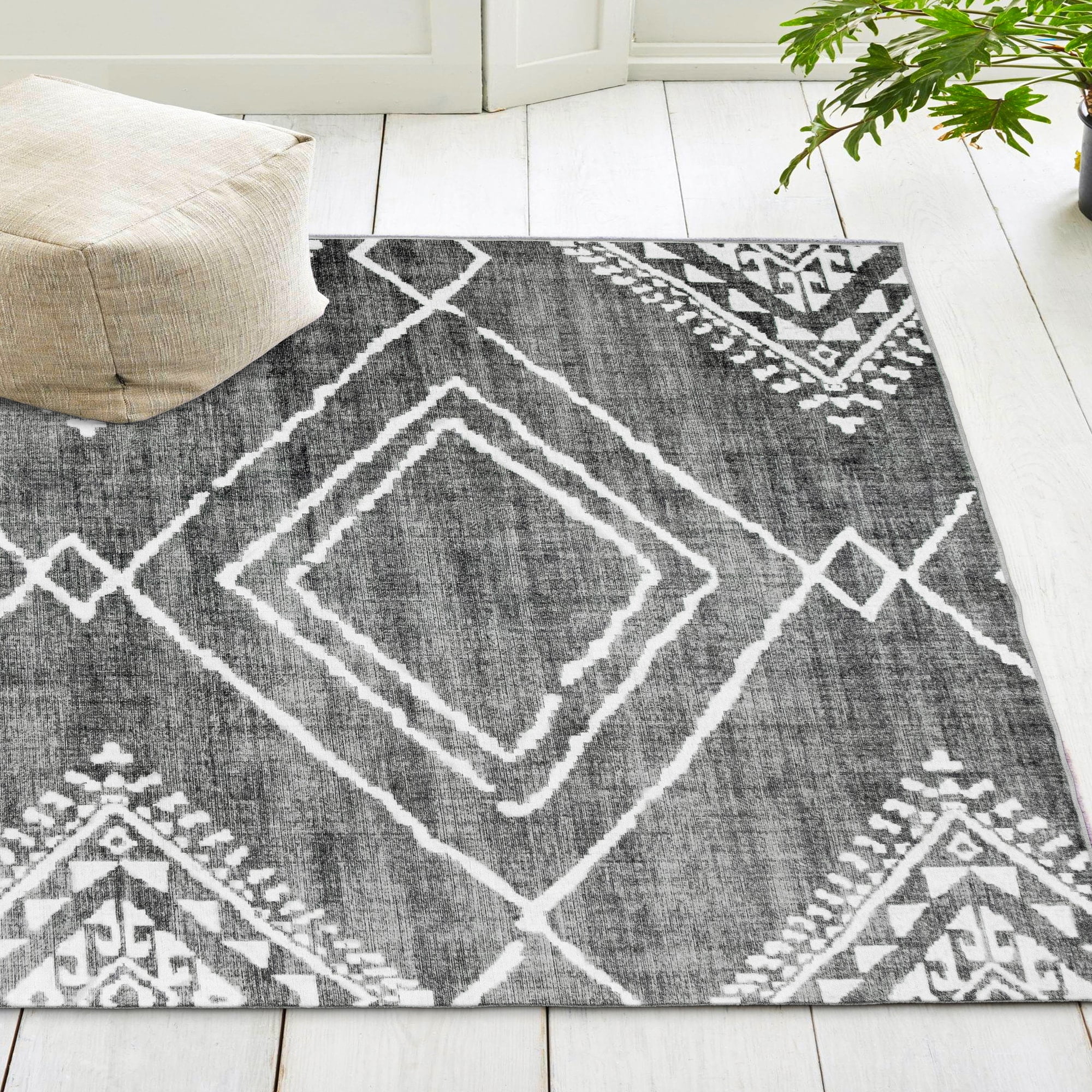 ReaLife Rugs Machine Washable Area Rug - Living Room Bedroom Bathroom Kitchen Entryway Office - Padded Low Pile Stain Resistant Premium - Moroccan Diamond Tribal - Jax - Gray 4' x 6'