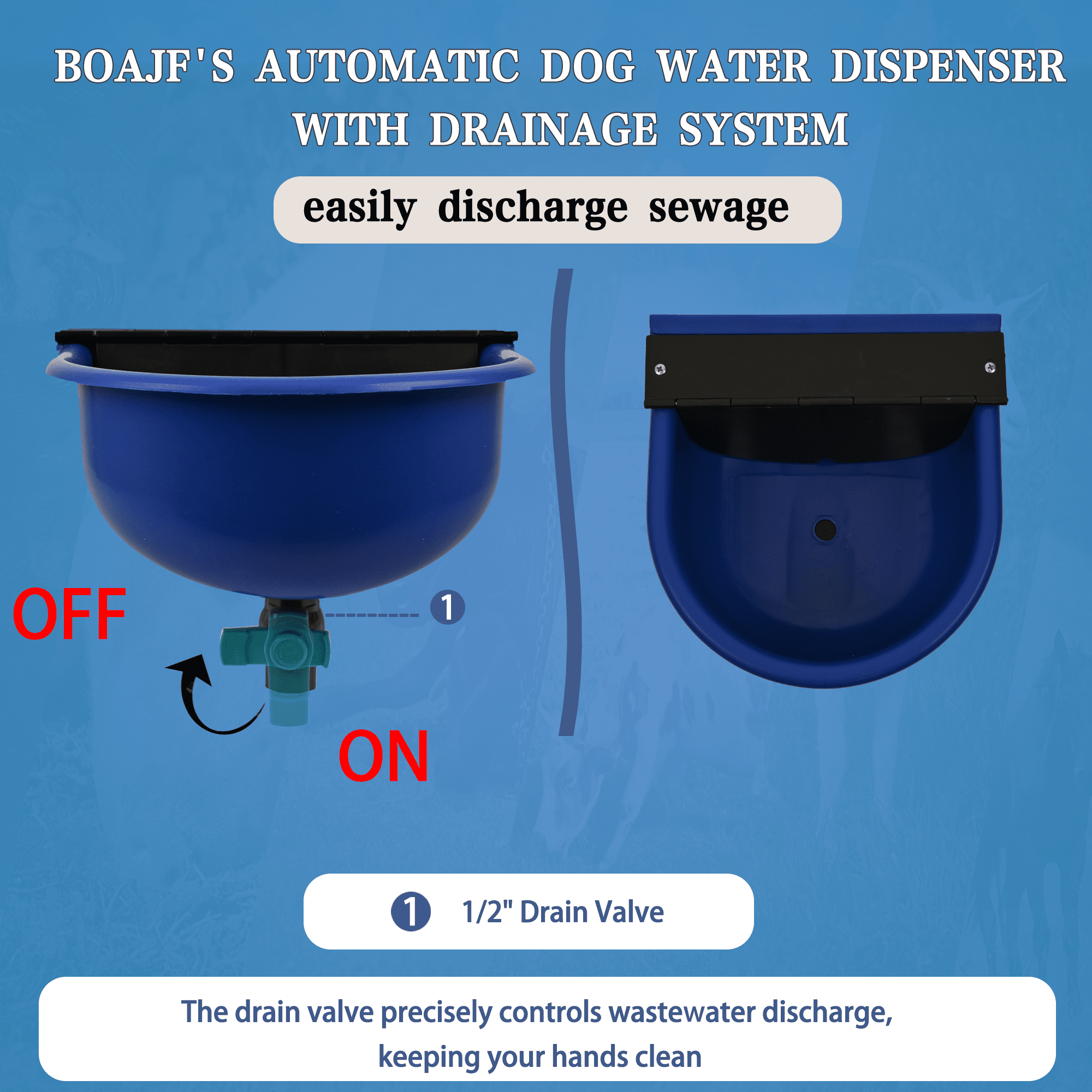 Automatic Water Dispenser for Dogs, Automatic Chicken Waterer with Drain Valve, 1 Gallon Outdoor Auto Livestock Water Bowl with Float Valve, Hose Quick Connector for Horse, Duck, Dig (Blue)