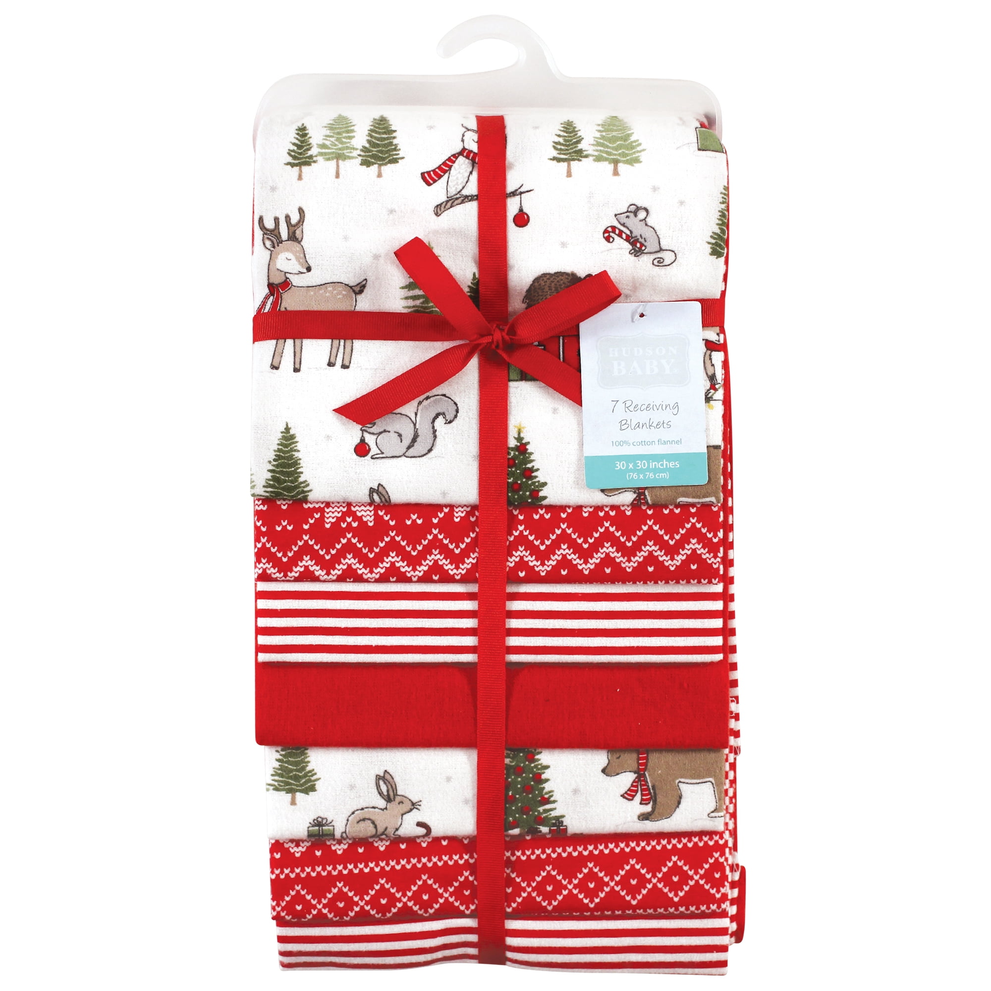 Little Treasure Hudson Baby Cotton Poly Flannel Receiving Blankets Multipack, Red Christmas Forest, 30x30 inches