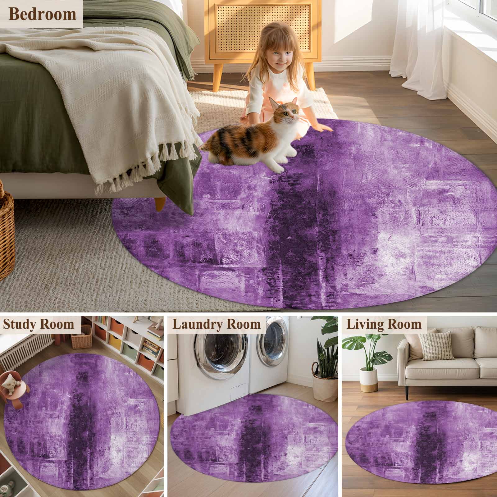 Purple Round Area Rug 4 FT, Non Slip Indoor Outdoor Rug, Retro Oil Painting Modern Abstract Art Aesthetics Washable Soft Circular Carpet Non-Shedding Floor Mat for Coffee Table Nursery Foyer Balcony