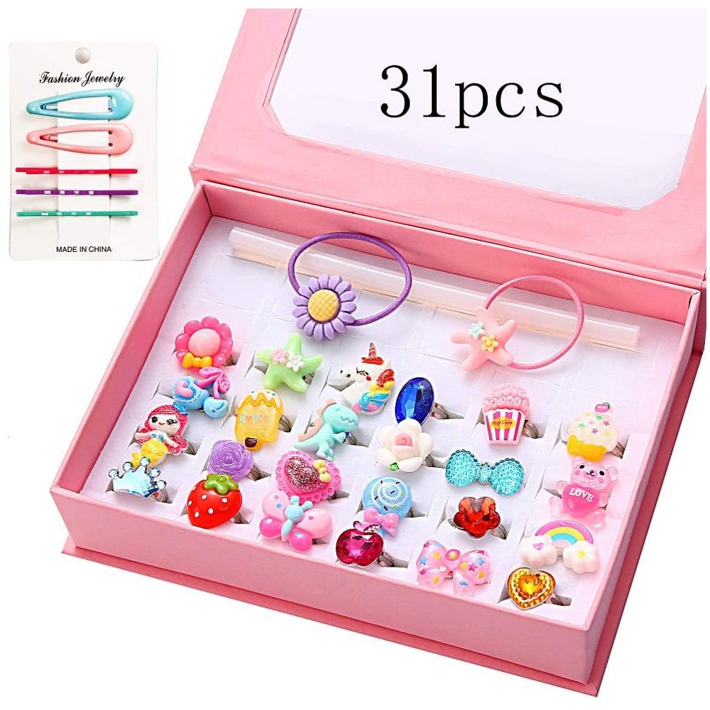 EverDirect 24Pcs Little Girls Jewelry Rings with Box, Little Girls
