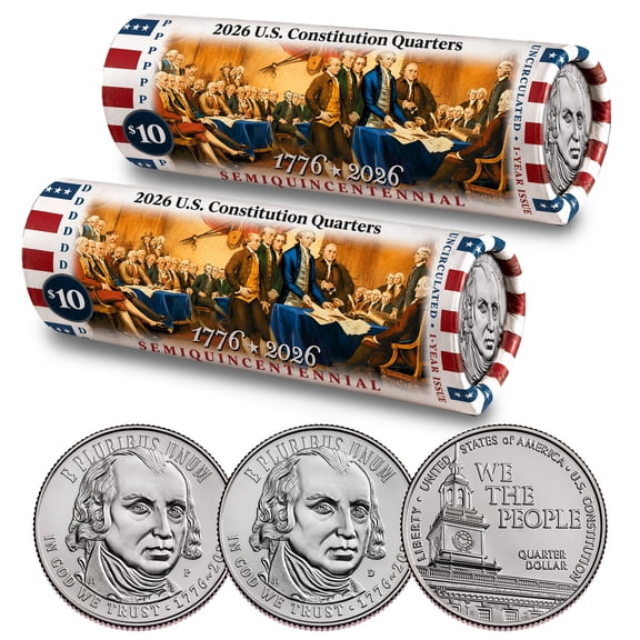 Collectible 2026-P & D U.S. Constitution Quarters • We the People • DOI Limited Edition 2 Coin Rolls • 80 Brilliant Uncirculated Coins • America's 250th 1776-2026