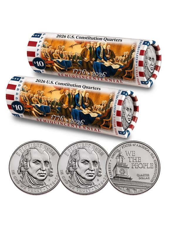 Collectible 2026-P & D U.S. Constitution Quarters • We the People • DOI Limited Edition 2 Coin Rolls • 80 Brilliant Uncirculated Coins • America's 250th 1776-2026