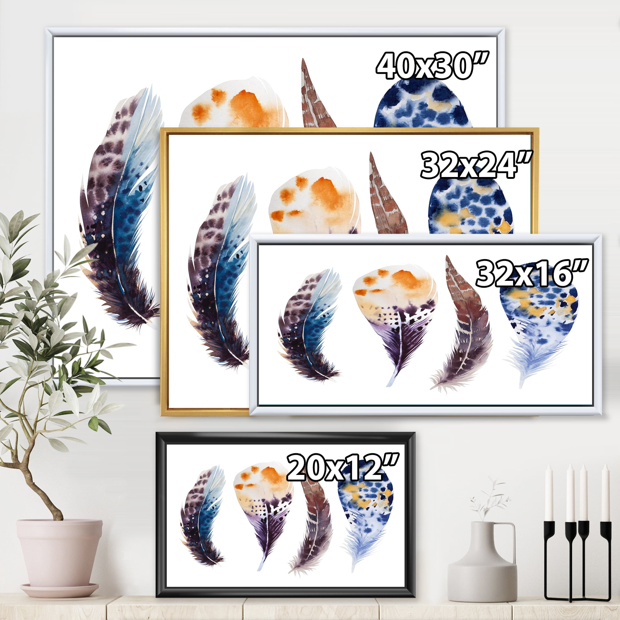 Colourful Boho Feather Set On White VIII 20 in x 12 in Framed Painting Canvas Art Print, by Designart