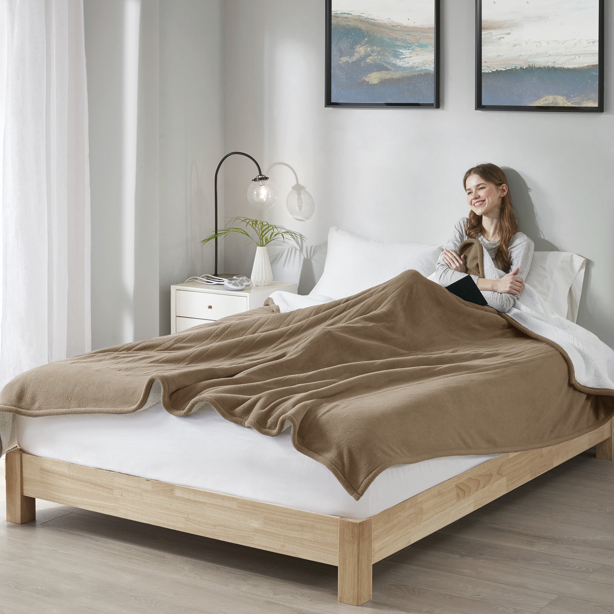 Serta Fleece to Sherpa Heated Blanket, Queen, Brown