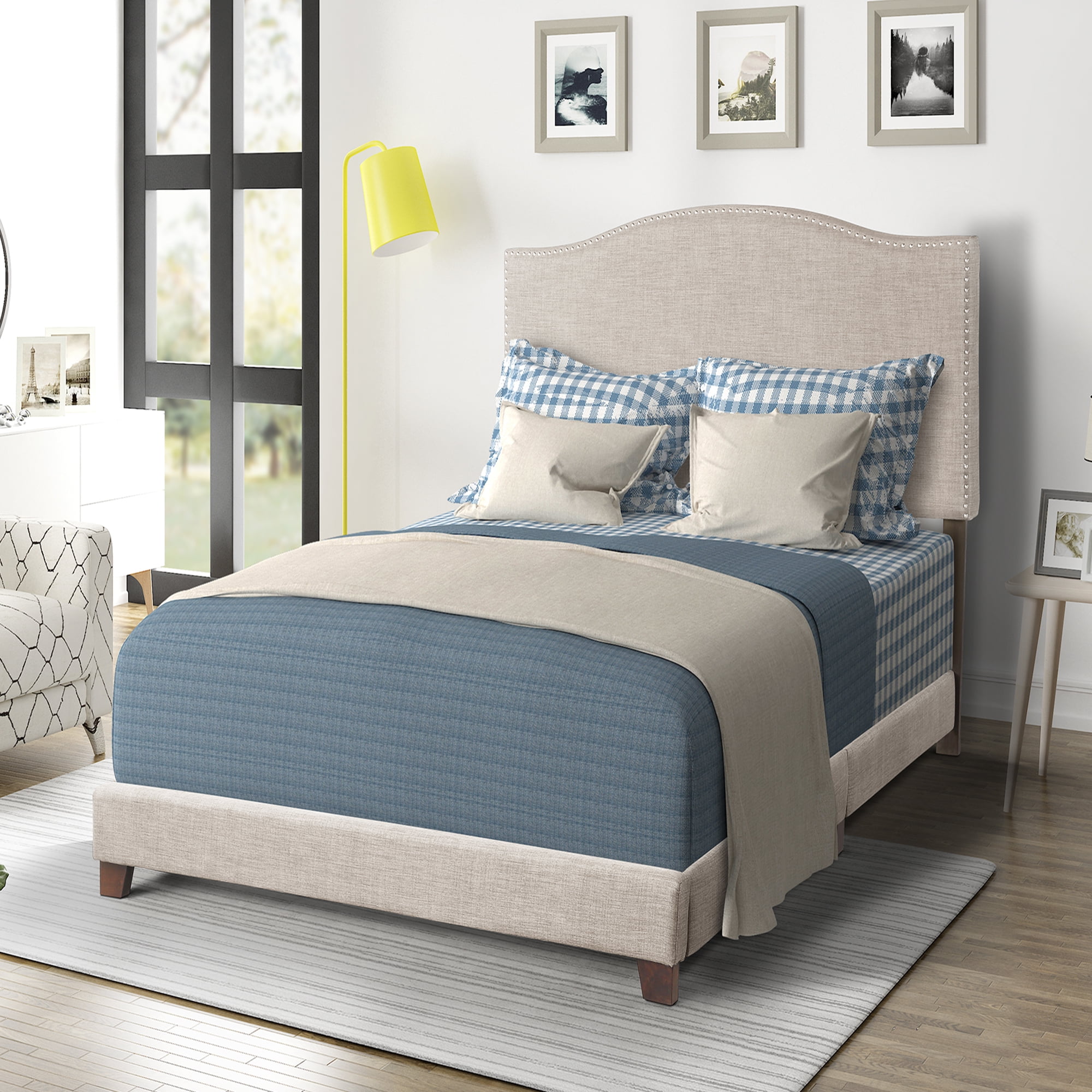 EUROCO Wilshire Upholstered Linen Nail Head Trim Platform Bed with Slat