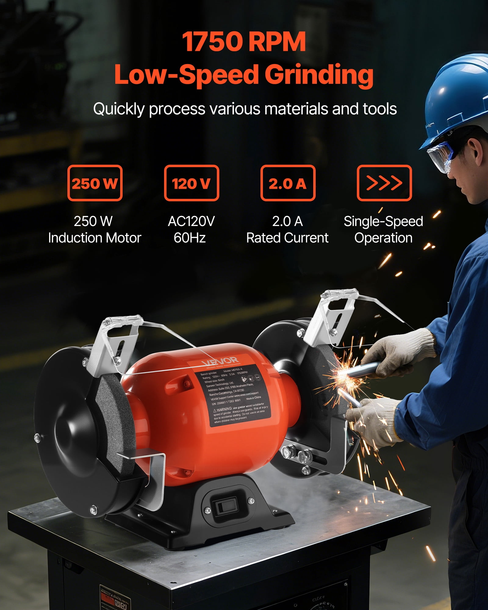 VEVOR Bench Grinder,6-inch Single Speed Bench Grinder,1750RPM Low-Speed Table Grinders with 250W 2A Induction Motor, 36/60-Grit Grinding Wheels & Adjustable Tool Rest for Precise Sharpening Grinding