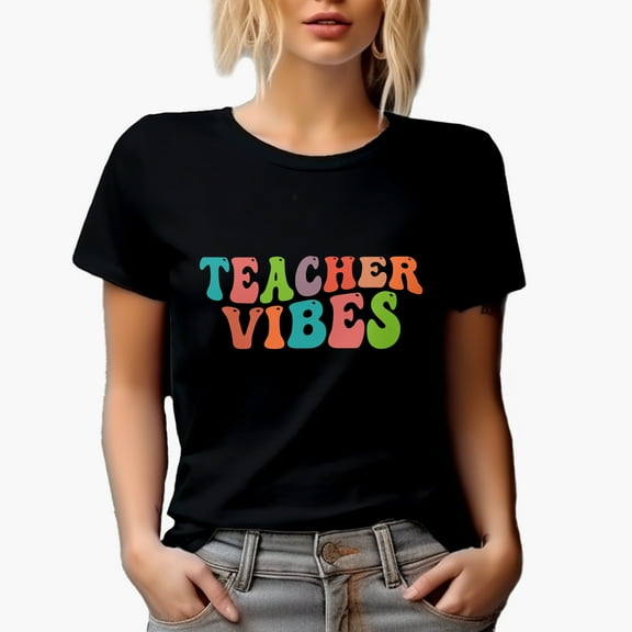 Teacher Vibes, School or Teaching Themed, Groovy Retro Wavy Text Merch Gift, Black T-Shirt, Small