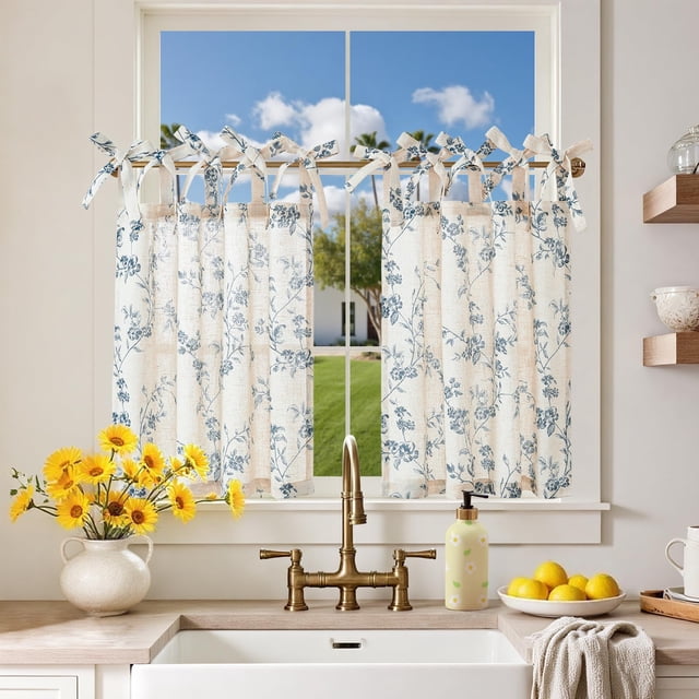 Cortinas Jinchan Floral de Lino para Cocina 66x61 cm Azul Beige 2 Paneles