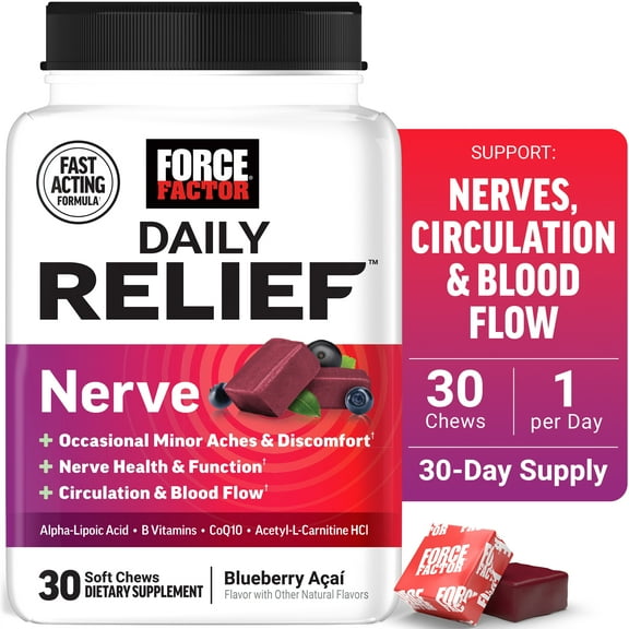 Force Factor Daily Relief Nerve Support with Alpha Lipoic Acid & B Vitamins, 30 Mixed Berry Soft Chews
