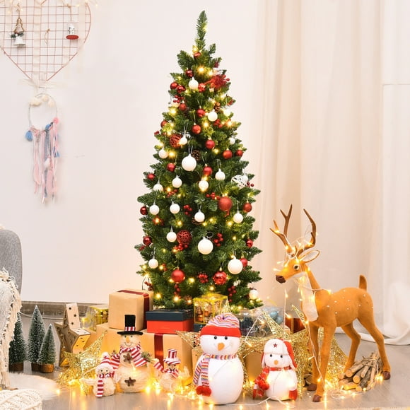 Gymax 4.5Ft Pre-Lit Pencil Christmas Tree Hinged Artificial Slim Tree w/ LED Lights