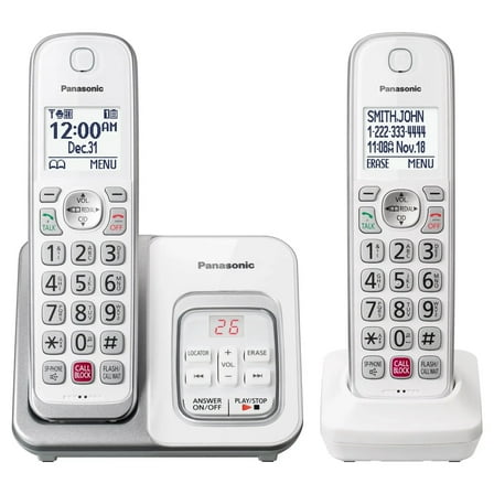 Panasonic 2 Handset DECT 6.0 Expandable Cordless Phone System with Digital Answering System - White