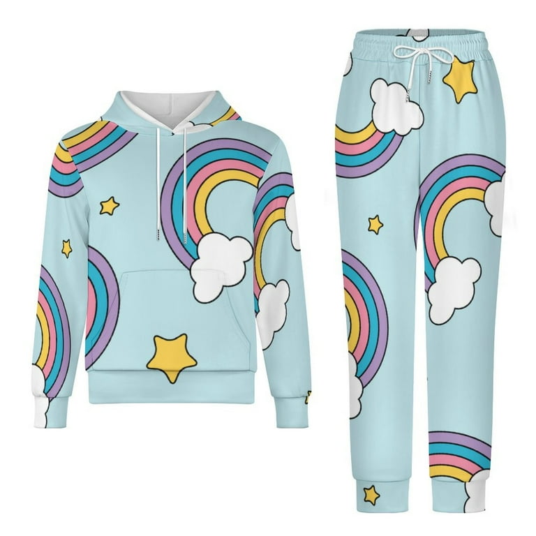 Bybiment 2 Piece Outfits Hoodie for Kids Youth Pastel Rainbow Stars Pattern Sweatshirt and Sweatpants Boys Girls Athletic Sweatsuits Pullover Clothes Sets with Pocket 140CM Walmart