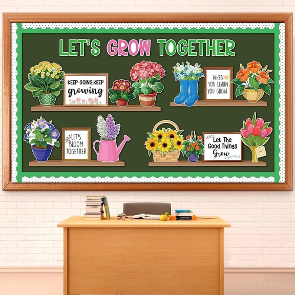 Flower Bulletin Board Set to School Colorful Floral Classroom Decorations Let's Grow Together Paper Cutouts Positive Inspirational Potted Bulletin Board for Chalkboard Decor