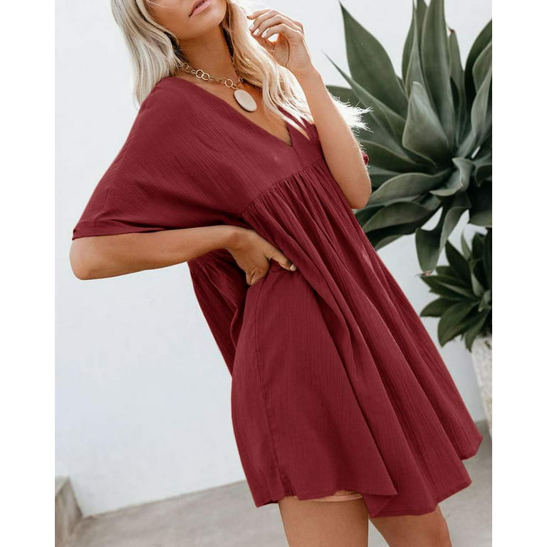 Women's Short Sleeve V Neck Pleated Babydoll Solid Color Tunic Party Swing  Mini Dress 