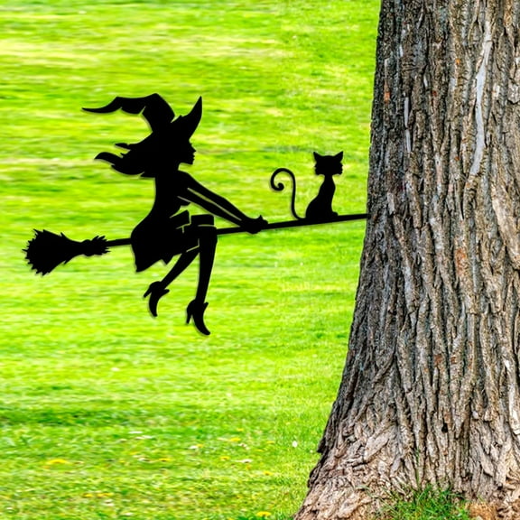CAIMYY Whimsical Metal Witch on Broomstick with Cat - Outdoor Halloween Decor for Tree/Wall Mount, Weatherproof Garden & Porch Art, Perfect Gift for Witch Lovers & Enthusiasts