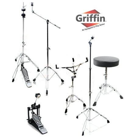 Complete Drum Hardware Pack 6 Piece Set by Griffin Full Size Percussion Stand Kit with Snare, Hi-Hat, Cymbal Boom, Throne Stool and Single Kick Drum Pedal Lightweight and Portable Perfect for