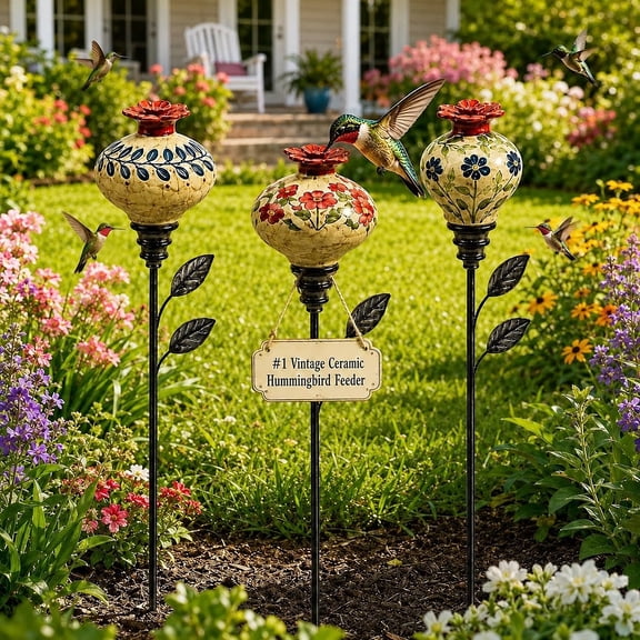 Vintage Ceramic Hummingbird Feeder with Stand, 3PCS Hand-Painted Floral Nectar Feeder for Outdoors, Decorative Garden Stakes for Beds, Borders and Large Planters, 24-Inch Bird Feeding Station