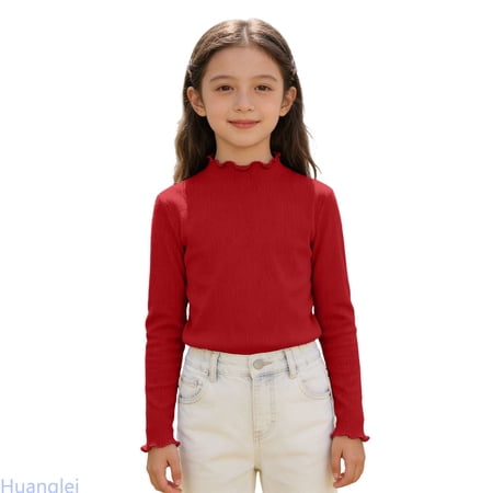 Huanglei Girls Ribbed Long Sleeve Shirt Soft Stretch Blend Tee For Kids Comfortable Casual Top With Classic Fit Girl Basic T-Shirts 5-6 Years Red
