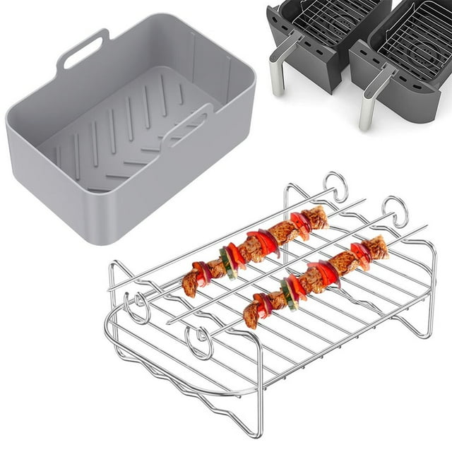 2Pcs Accessoires de Friteuse d'Air Ensemble avec Pot de Silicone de Friteuse d'Air et Double Rack de Couche avec la Doublure Réutilisable de Friteuse d'Air de Brochette avec le Support de Friteuse d'Air de Poignée en Acier Inoxydable avec 4 Brochettes
