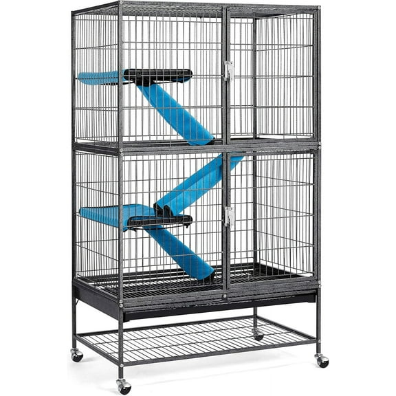 XgoodX Small Animals Cages Ferret/Guinea Pigs/Chinchilla/Rabbit Cages 2-Story Rolling Metal Critter Nation w/ 2 Removable Ramps &Litter Box, Hammock,Black