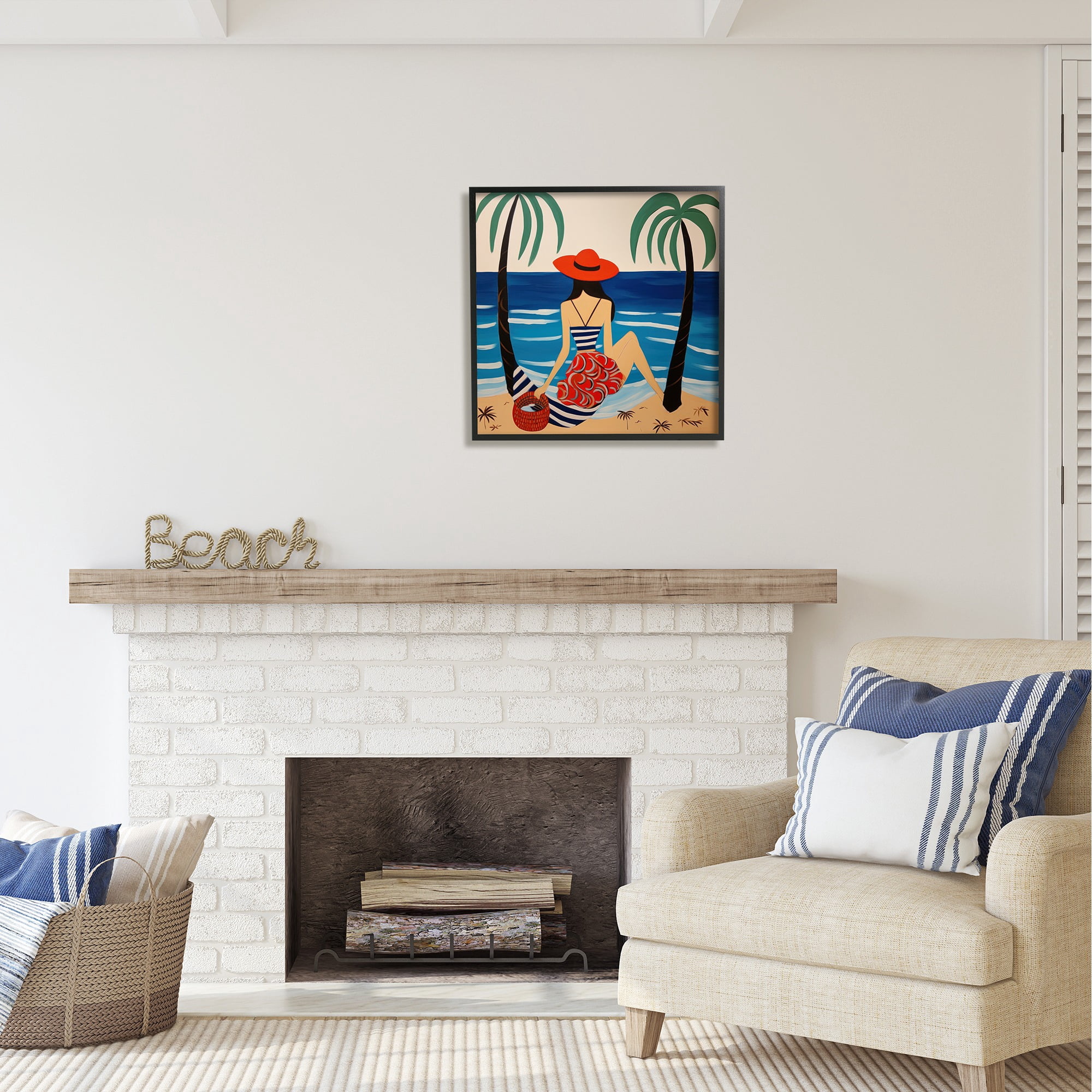 Stupell Industries Modern Woman on Shore Landscape Painting Black Framed Art Print Wall Art, 24 x 24