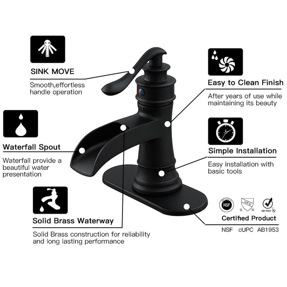 BWE Waterfall Single Hole Handle Low-Arc Bathroom Faucet with Pop-up Drain Assembly In Matte Black