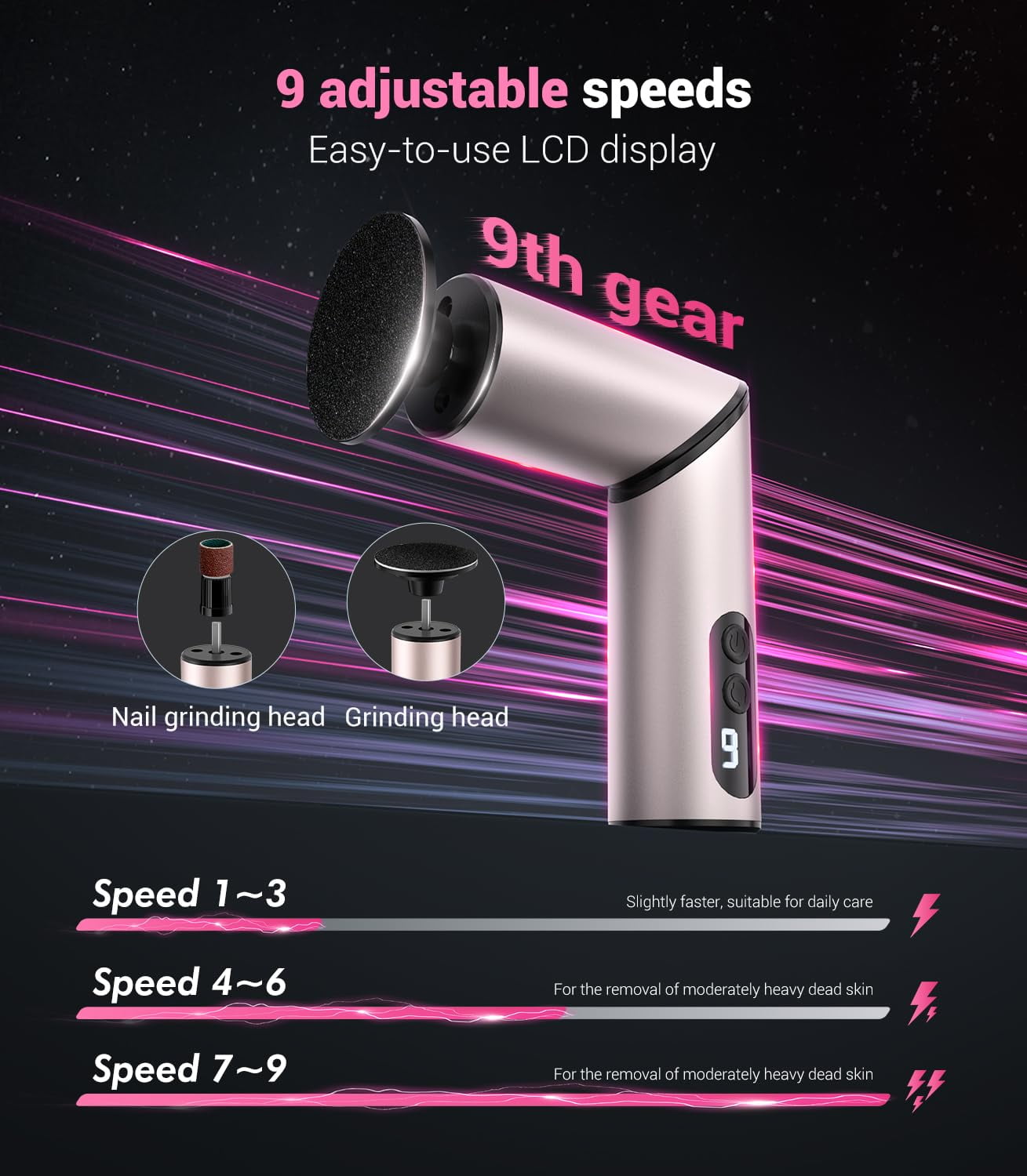 9-speed adjustable Professional Electric Callus Remover for Feet(Portable & Foldable), Removes of Calluses in 3 Mins, Eectric Foot Callus Remover Pedicure （rose gold18*10.8*3.8CM）