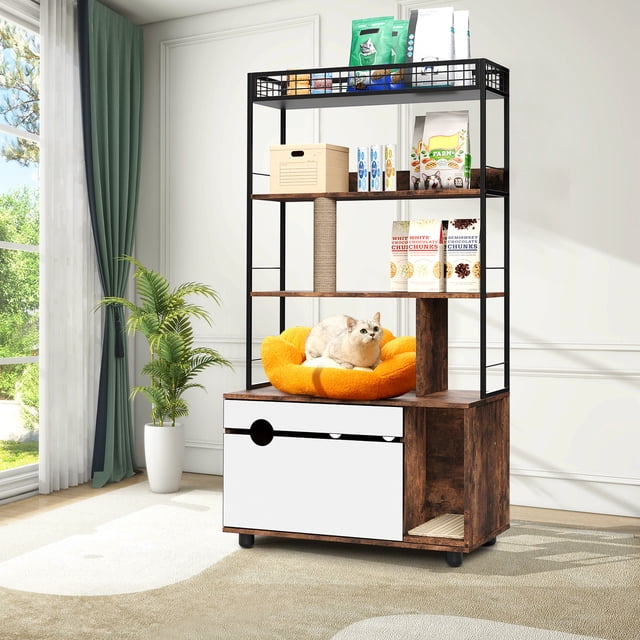 EDTara Large Hidden Cat Litter Box Enclosure, Wooden Furniture With 4-Tier Shelves and Scratching Post, Multi-Functional Cat Washroom Storage for Most Litter Boxes