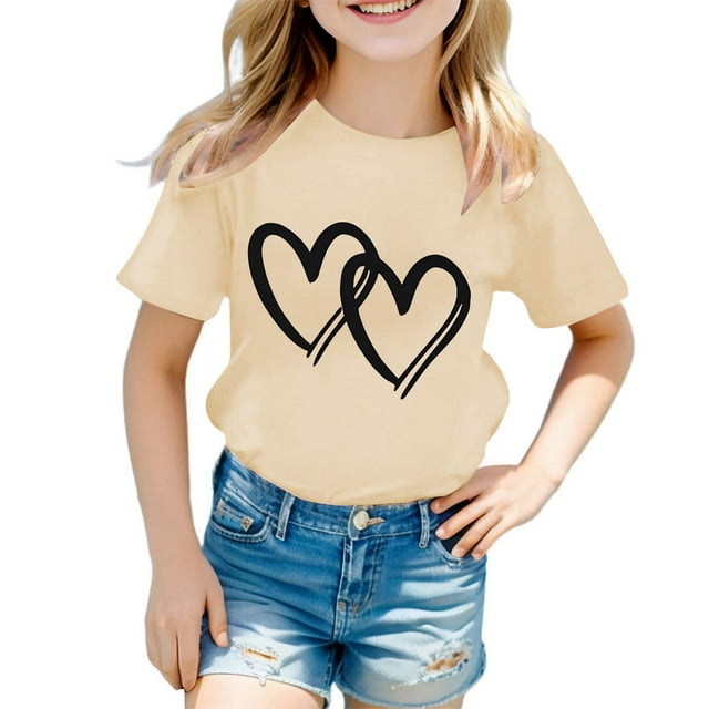 XDZJLR Chemises pour Filles Enfants Mignon Graphique Col Rond Manches Courtes Été T-Shirts Décontractés Beige 7-8 Ans