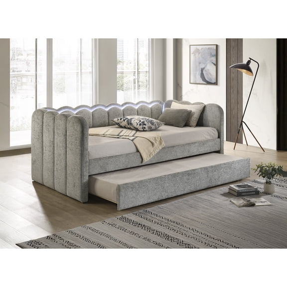 LiviNest Scalloped LED Sofa Bed with Trundle: Modern Light Gray Upholstered Daybed - Integrated Lighting & Space Saving Design for Small Apartments & Studio Living Rooms