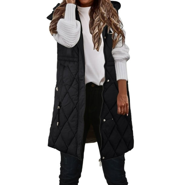 Gibobby Chaleco largo para mujer, Chalecos reversibles de forro polar para mujer, chaquetas sin mangas, chamarra con capucha para mujer, de otoño con bolsillos(Negro,XG)