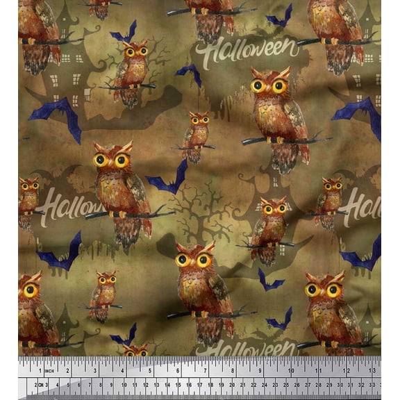 Soimoi Velvet Fabric Owl,Bat & Haunted House Halloween Print Fabric by Yard 58 Inch Wide