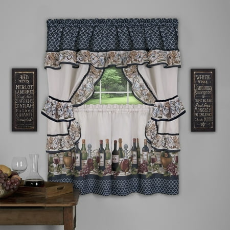 5-Piece Complete Window Kitchen Curtain Cottage Set, Contemporary Wine and Grapes, Tier Panels, Valance with Attached Swaggers and