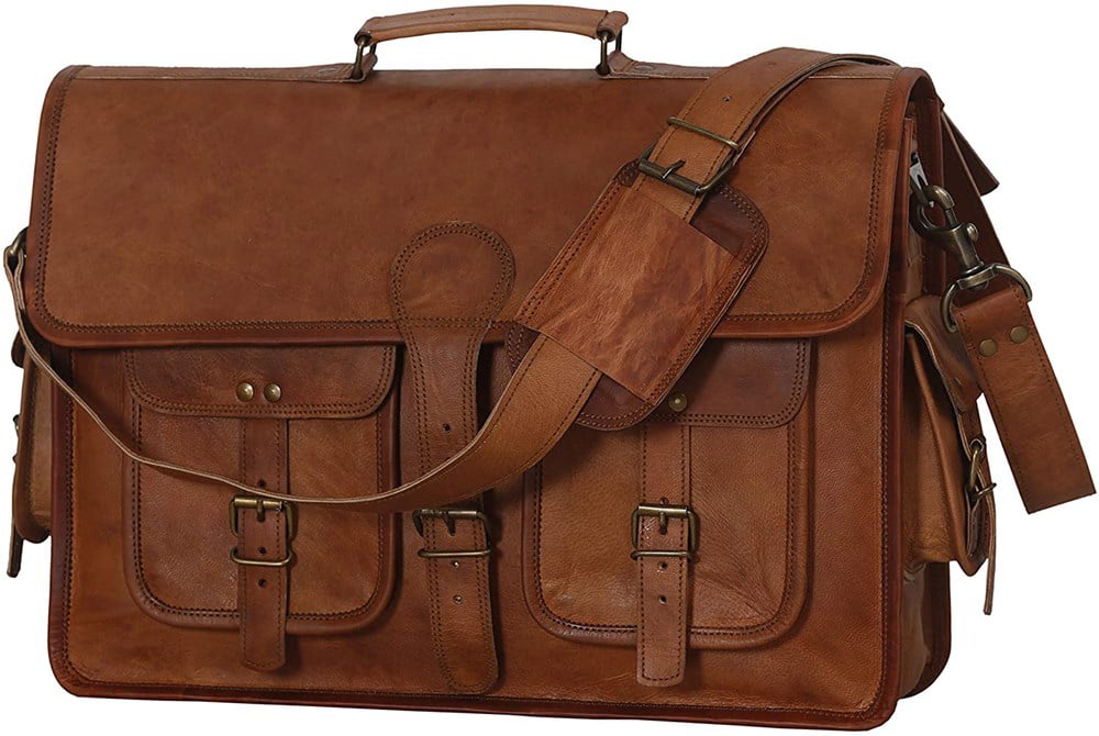 18" Large brown Leather bag for men messenger bag shoulder bag mens Laptop Bag,
