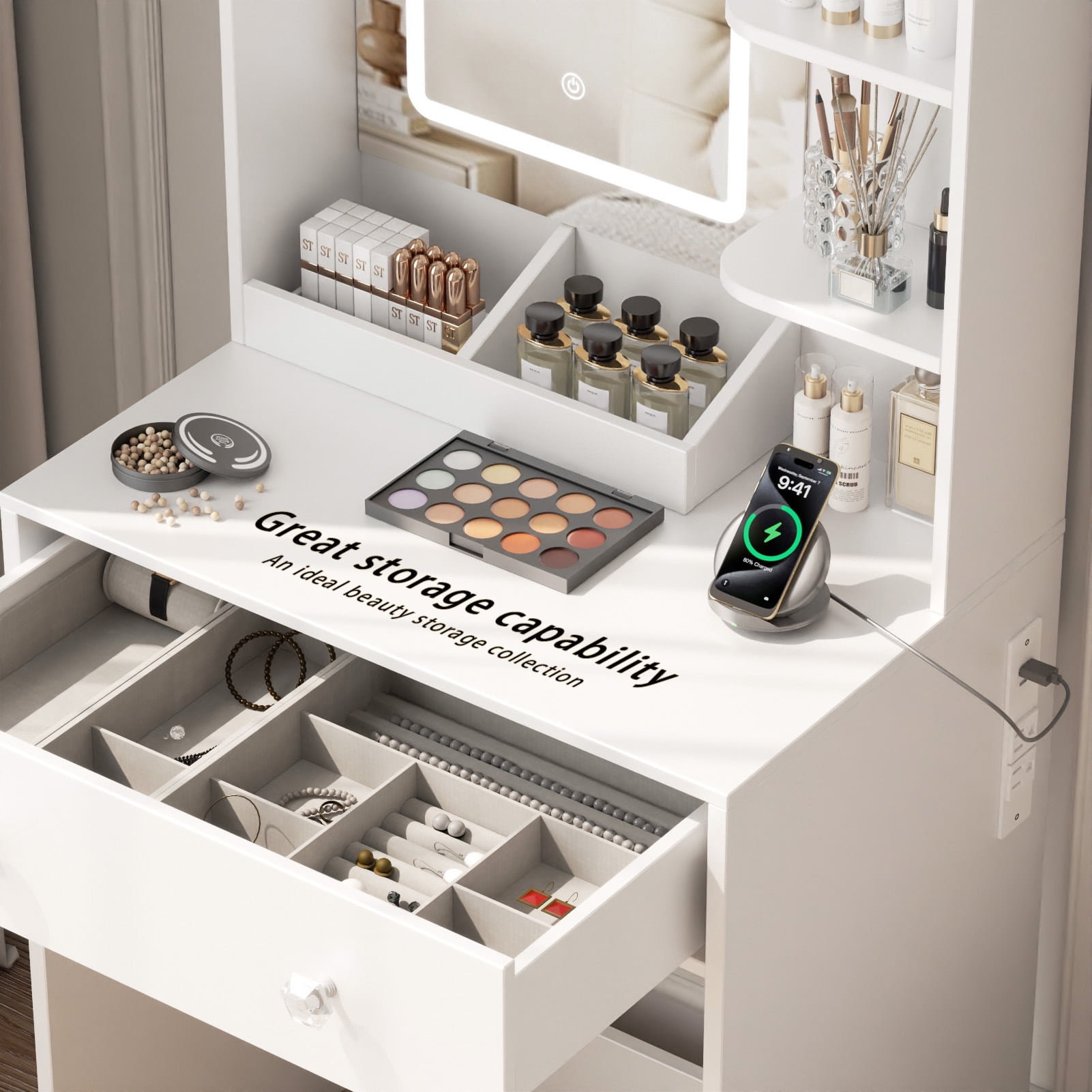 Satifur Vanity Desk with Mirror & Lights, GRWM Vanity with Drawers & Storage Shelves, Makeup Dressing Table with Charging, White