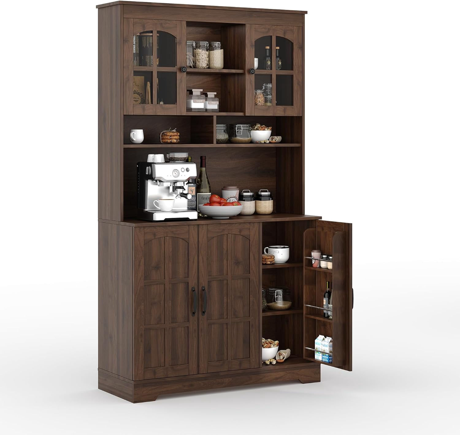 Pantry Cabinet with Charging Station, Tall Kitchen Pantry Storage Cabinet with Hutch,70.9 Inch Kitchen Cabinet with Glass Doors, for Dining Room