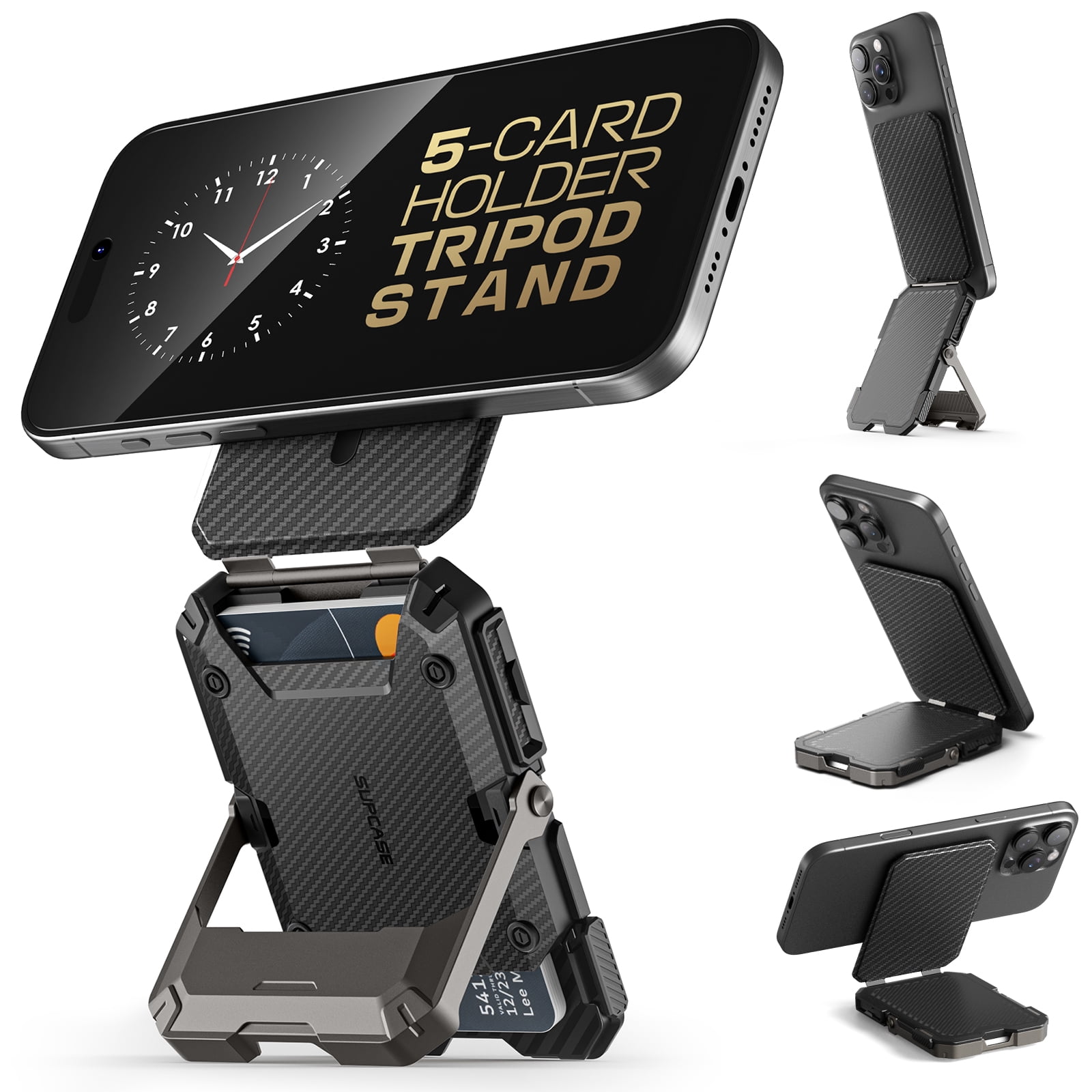 SUPCASE for MagSafe Wallet with Stand, Magnetic Wallet for Men, [Hold 5 Cards] [Adjustable Stand] [RFID Blocking] Phone Stand Credit Card Holder Tripod for iPhone 16/15/14/13/12 Series, Carbon