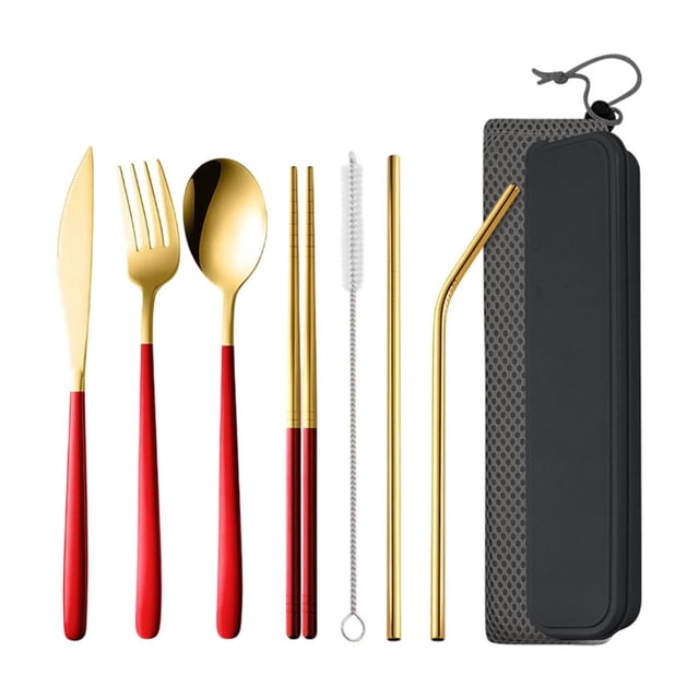 Ensemble de Couverts Portatifs Rouges 7 Pcs Ensemble d'Ustensiles en Acier Inoxydable avec Étui de Rangement Couteau Fourchette Cuillère Baguettes Pailles Brosse Ensemble d'Ustensiles de Camping et de Voyage en Plein Air