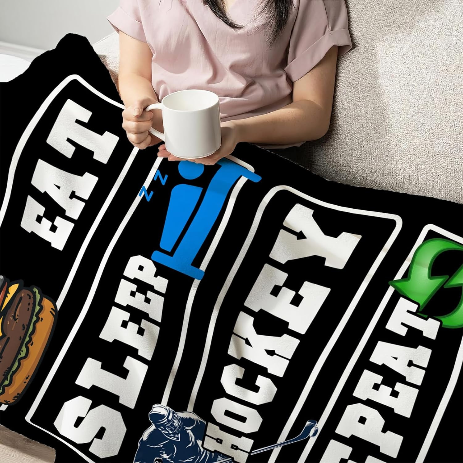 Ice Hockey Blanket for Boys Girls Flannel Eat Sleep Hockey Throw Blanket Ultra Soft Cozy Fleece Sports Decor Blankets Gift for Womens Mens Couch Sofa Bed 50" x 40"