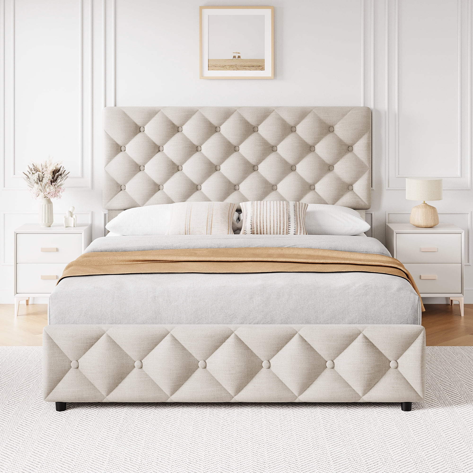 Queen Bed Frame with Headboard Adjustable, Linen Upholstered Size Platform Bed Frame with 4 Drawers, Modern Queen Bedframe, Wooden Slats Supports, No Box Spring Needed, Diamond Stitched Button, Beige