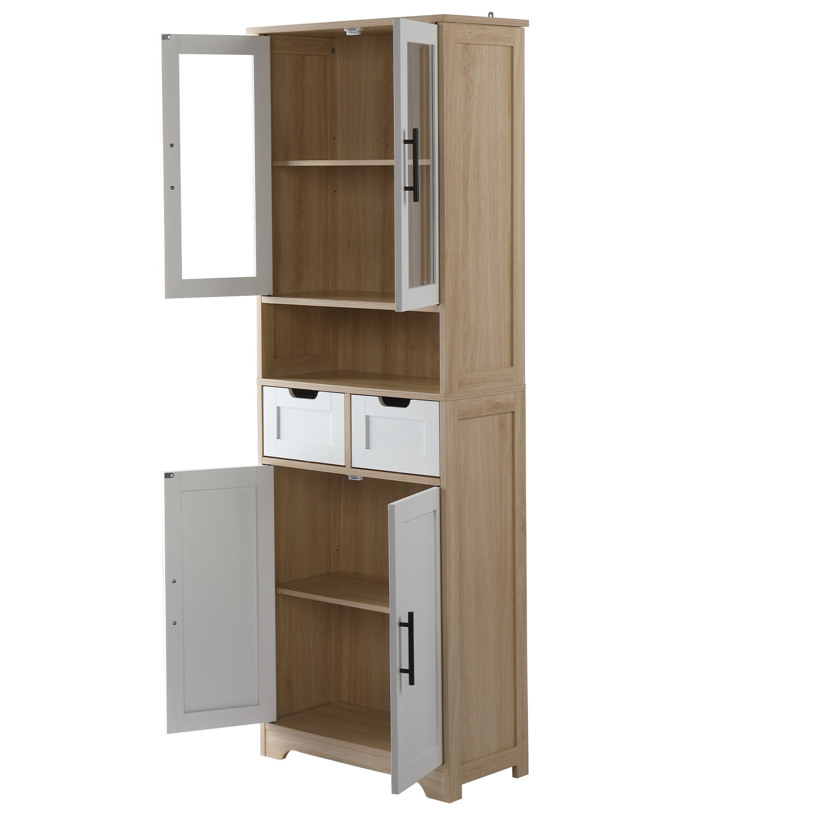 4 Cabinet Doors 2 Drawers 1 Storage Compartment Sideboard, MDF Melamine-Coated Storage Cabinet 23.62*11.81*66.93in White Matte Finish Door Panel + Light Oak-Colored Cabinet