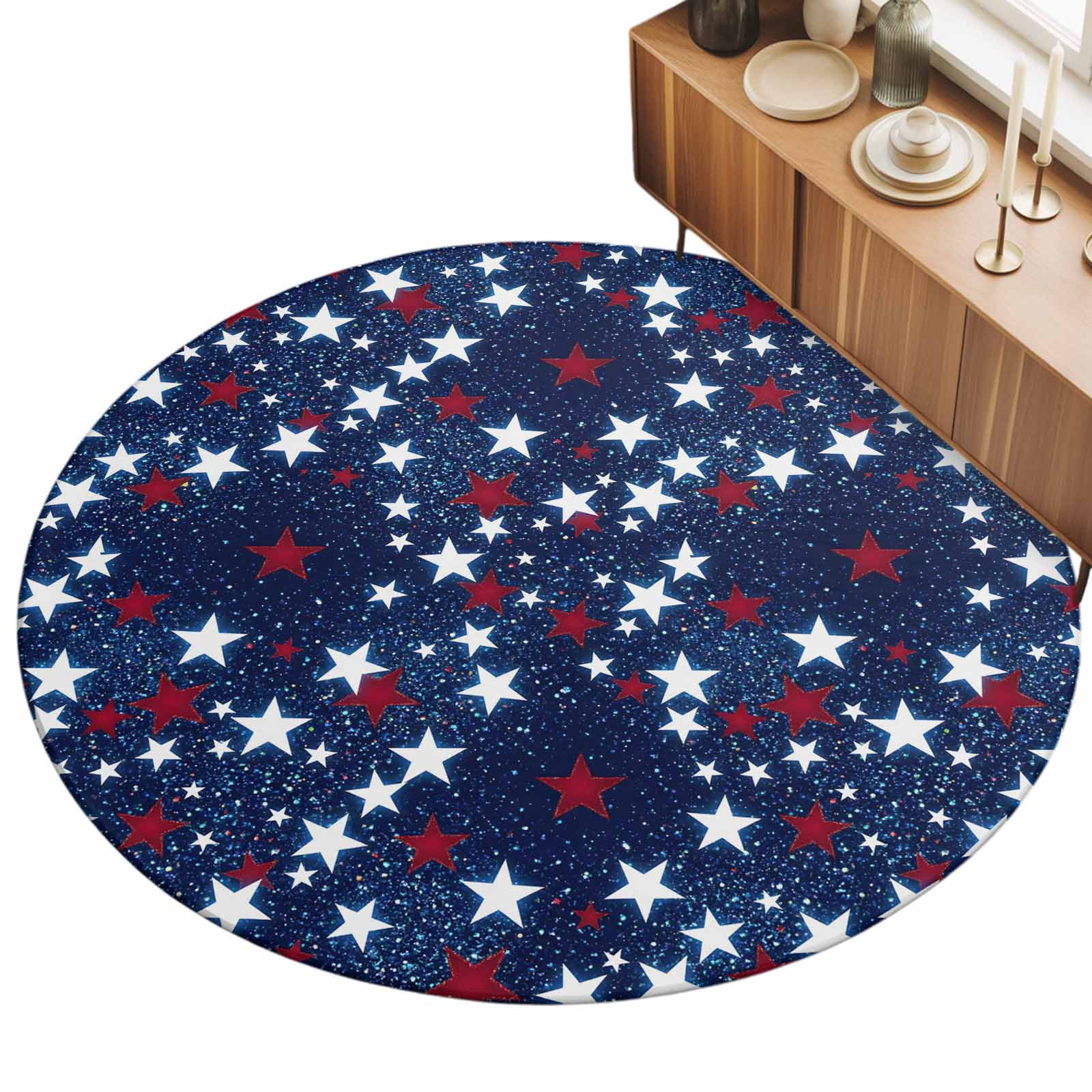 Round Area Rugs 5Ft, Independence Day Non-Slip Washable Circle Rugs Carpet, Blue Red White Stars Watercolor Indoor Outdoor Rug Floor Mats Throw Runner for Bedroom Living Room Bathroom