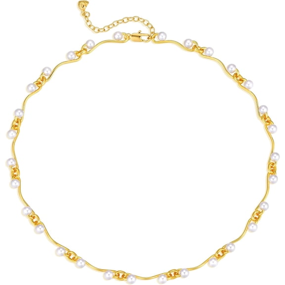 Pearl Choker Dainty Adjustable Necklace - 14K Gold Plated Cultured Tiny Chain Delicate Mother's Valentine Jewelry for Women (Bone Pearls)