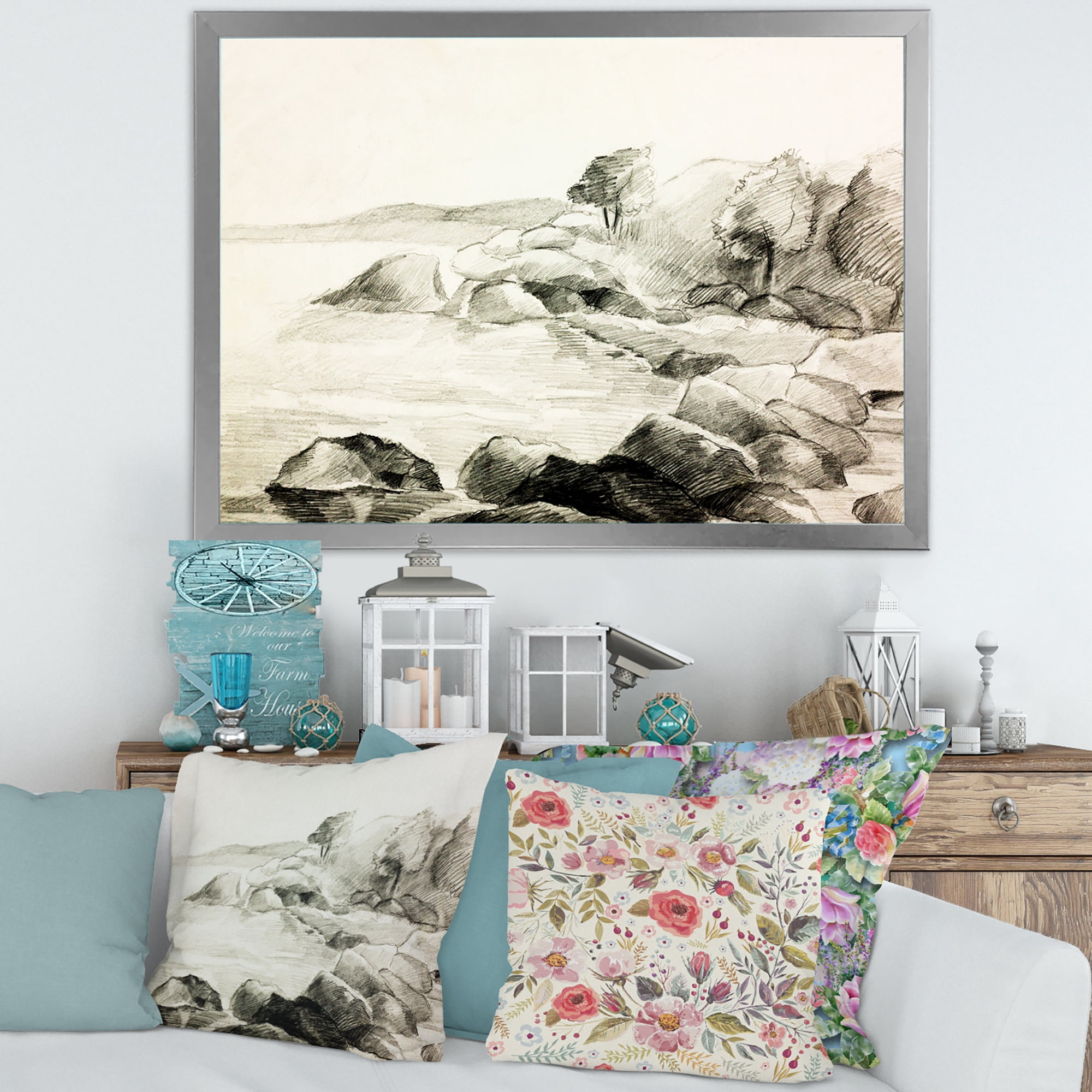 Designart 'Black and White Lake Shore' Nautical & Coastal Framed Art Print