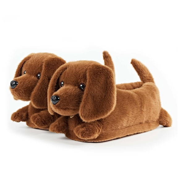 Oooh Geez Kids Funny Animal Fuzzy House Slipper with Grippers for Boys & Girls, Cute Plush Indoor Non-Slip Shoes, Birdie the Dachshund, Size 1-5
