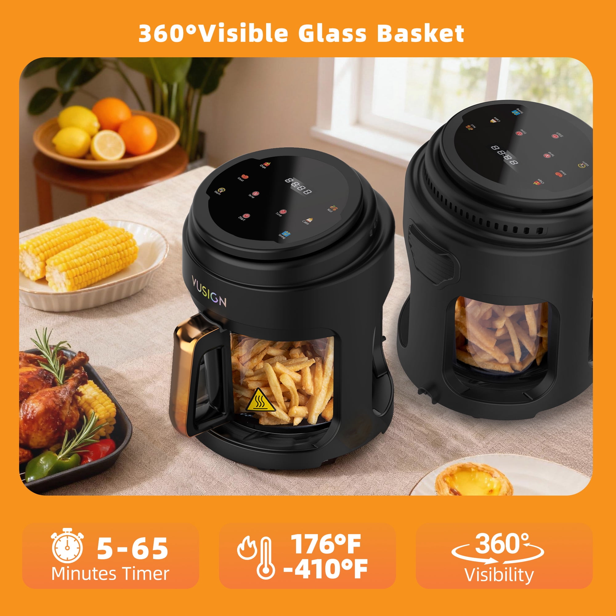 VUSIGN Air Fryer,5 Qt Glass Air Fryer with Max 410°F, LED Digital Touchscreen,Nonstick & Dishwasher Safe Basket,Black