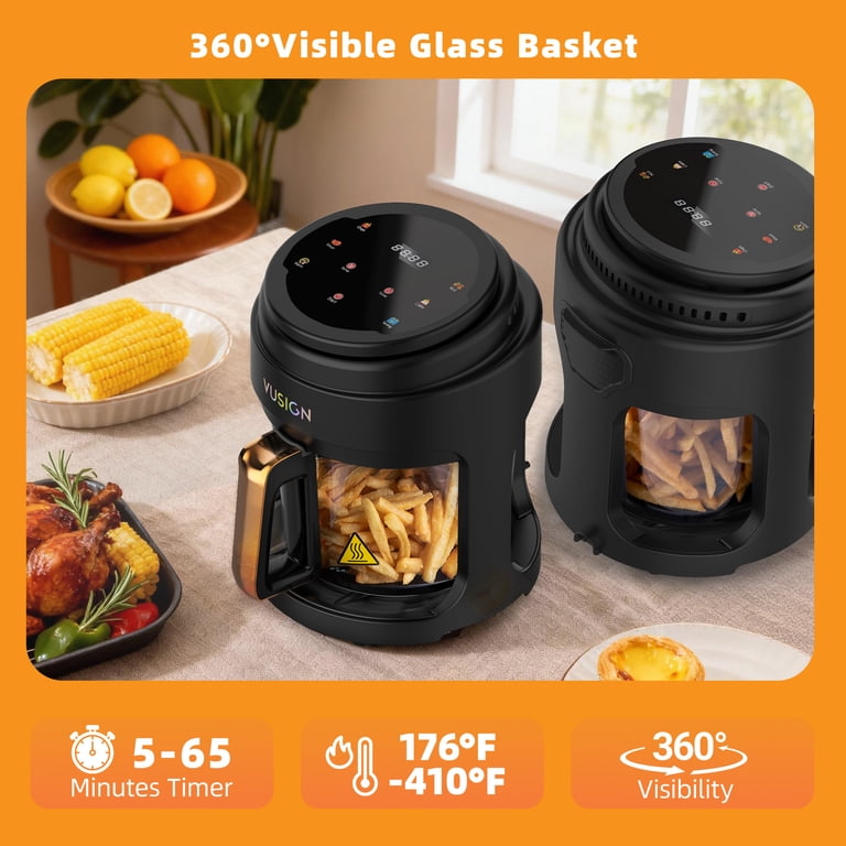 VUSIGN Air Fryer,5 Qt Glass Air Fryer with Max 410°F, LED Digital Touchscreen,Nonstick & Dishwasher Safe Basket,Black