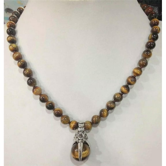 K-KED Natural 8mm Yellow Tiger's Eye Gems Round Beads Pendant Necklace 18''