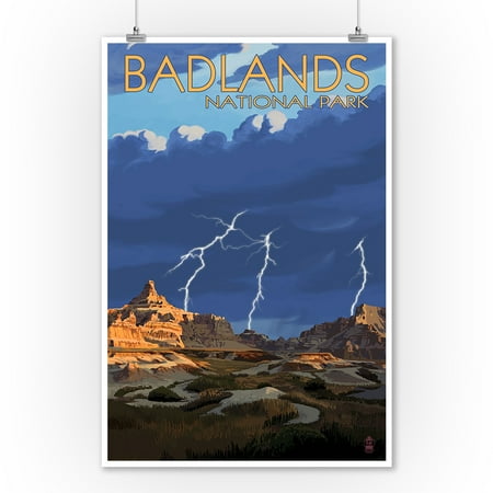 Pink Tornados Art Badlands National Park, South Dakota - Lightning Storm - Lantern Press Artwork (9x12 Art Print, Wall Decor Travel Poster) ()